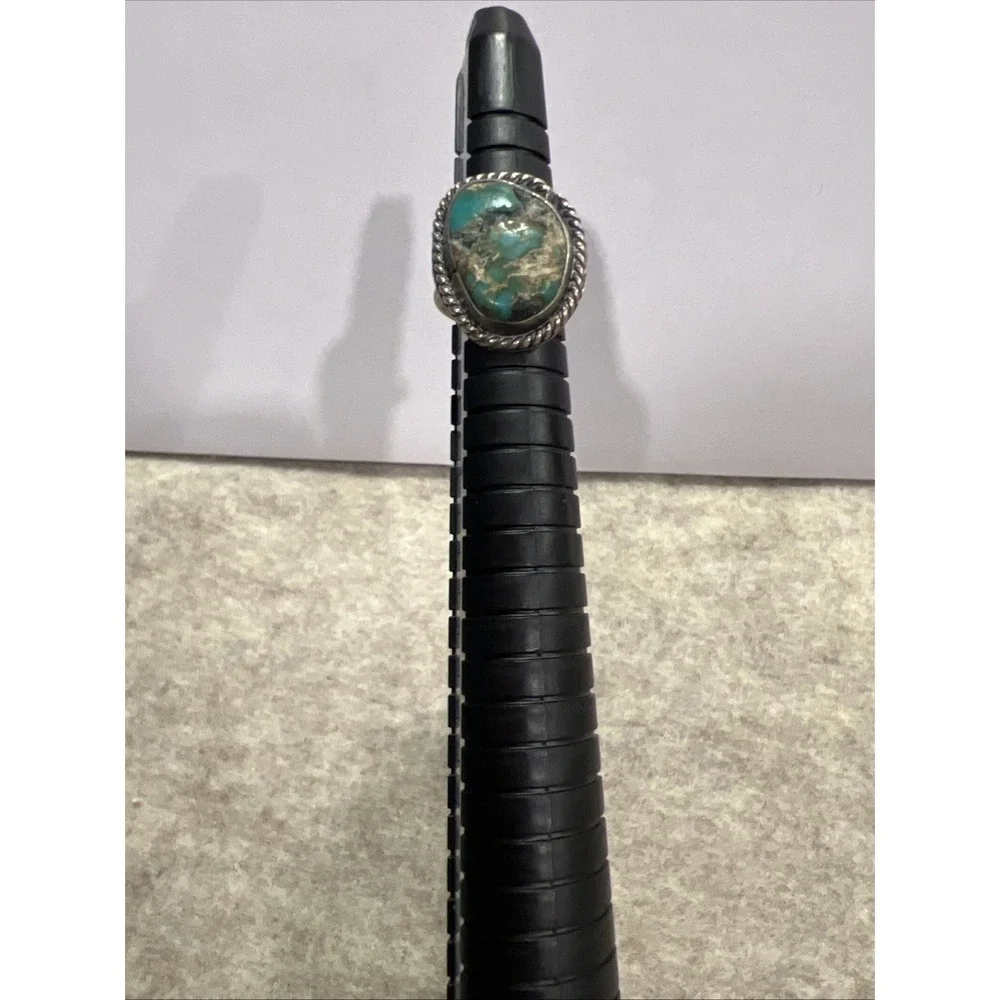 Vintage NATIVE AMERICAN SOUTHWEST INDIAN STERLING GREEN TURQUOISE RING sz 3 1/2 - Picture 6 of 9